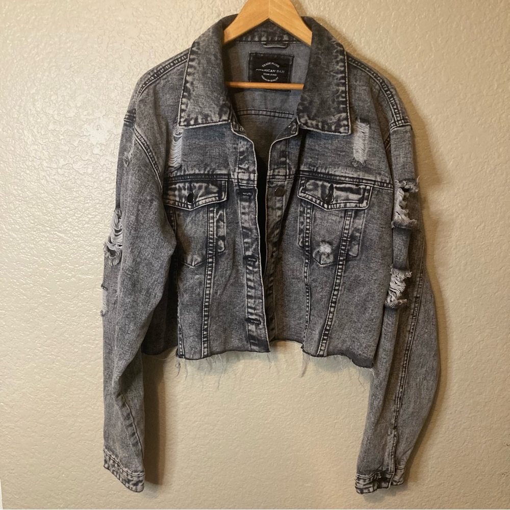 American Bazi Retro Acid Wash Cropped Denim Jacket With Chains Biker Bohemian 1X - Picture 2 of 16